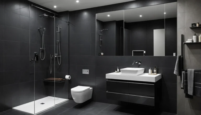 salle de bain avec carreaux foncés
